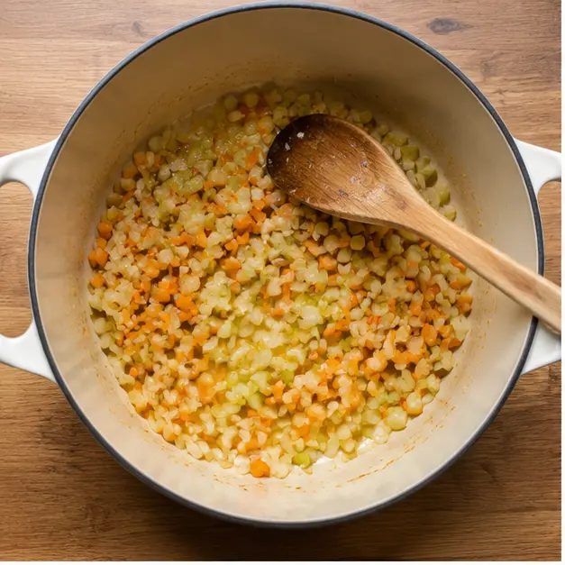 Step 1: Sautéing onion, carrot, and celery in olive oil until softened