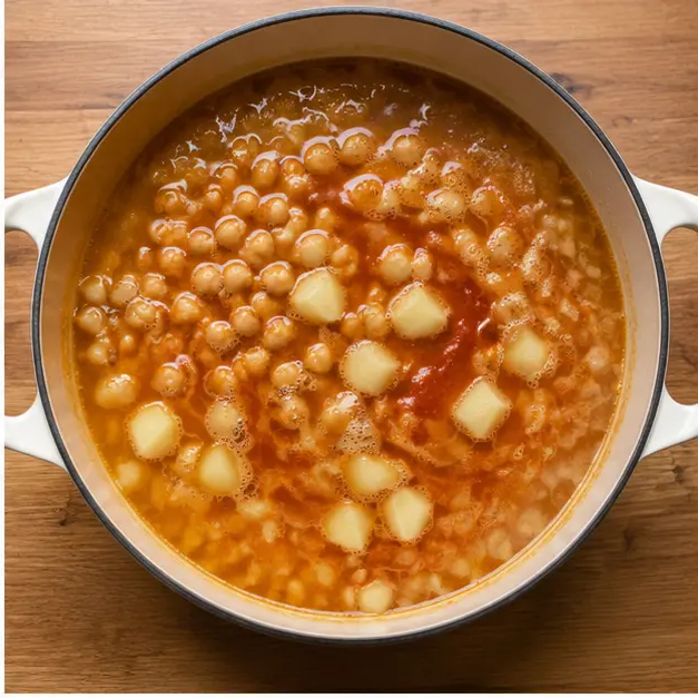Step 2: Adding broth, chickpeas, and potatoes for a simmer