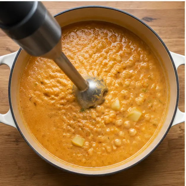 Step 3: Partially blending the soup for a creamy texture