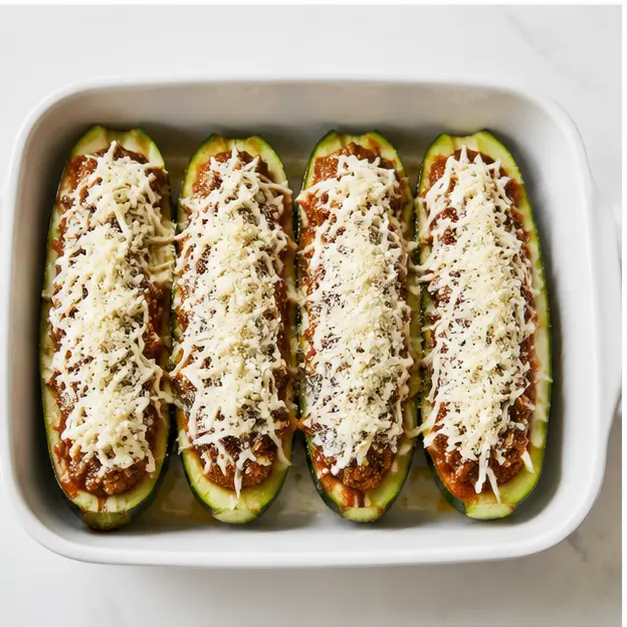 Step 3: Filling the zucchini boats with meat sauce and topping with cheese
