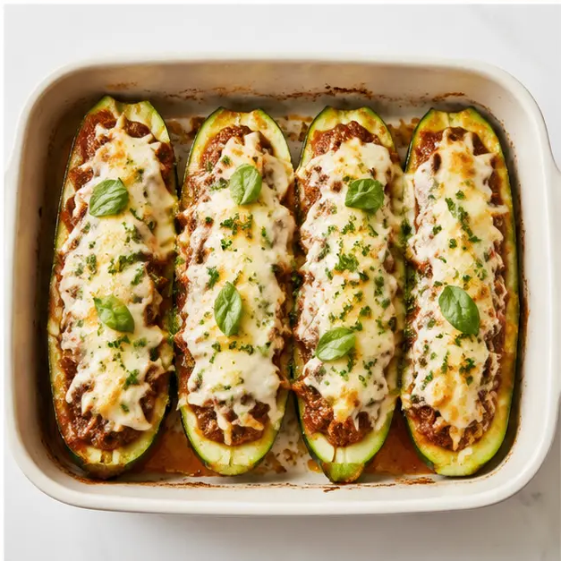 Step 4: Baked zucchini boats with melted golden cheese and fresh herbs