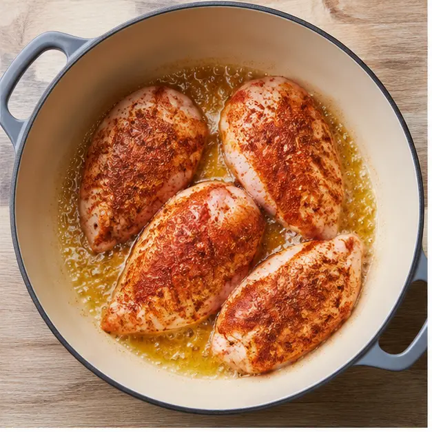 Step 1: Seasoning and browning chicken fillets