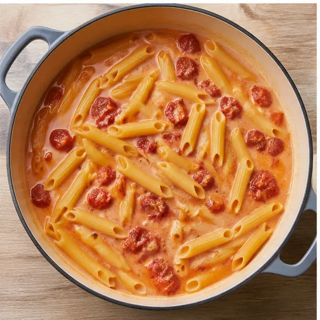 Step 3: Simmering penne pasta in creamy sauce