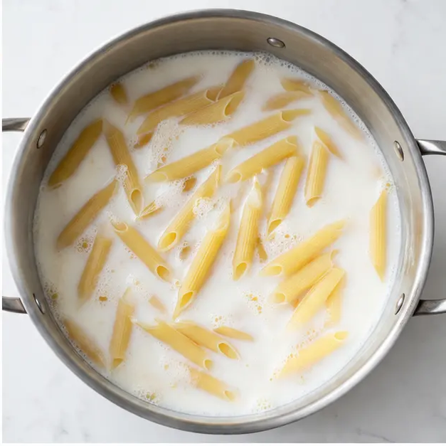 Step 2: Add pasta, milk, and water
