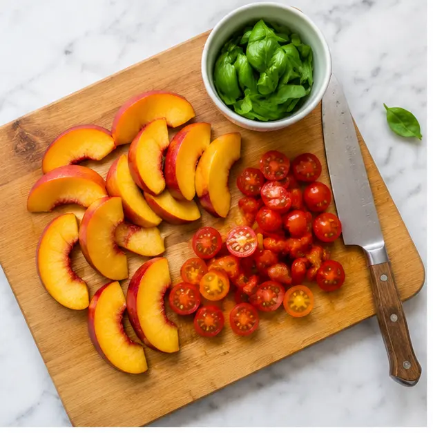 Step 1: Slice peaches and halve tomatoes