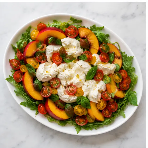 Step 3: Layer peaches, tomatoes, and basil