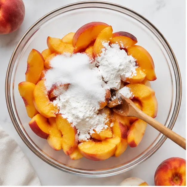 Step 1: Slice and coat fresh peaches