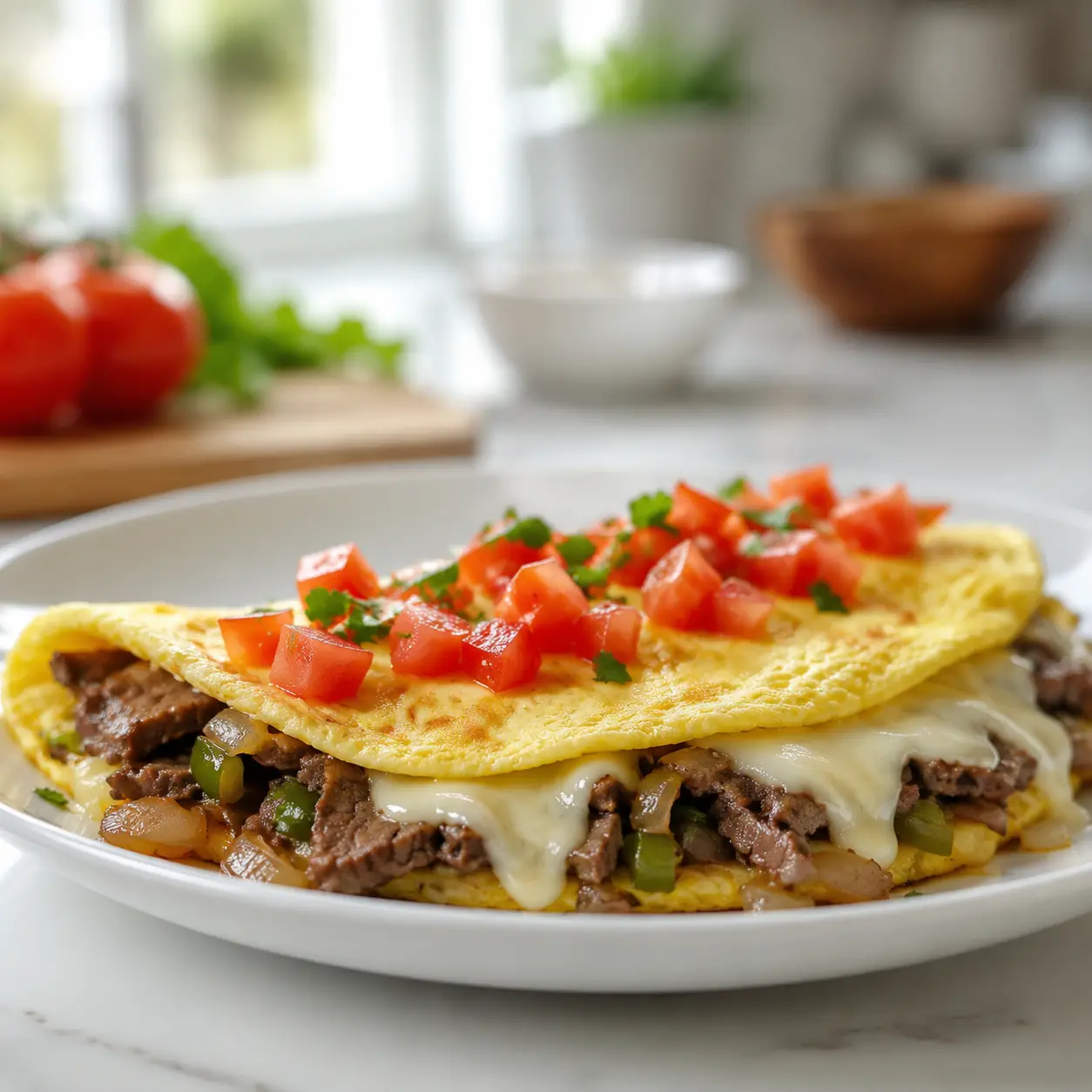 philly cheesesteak omelette - final presentation