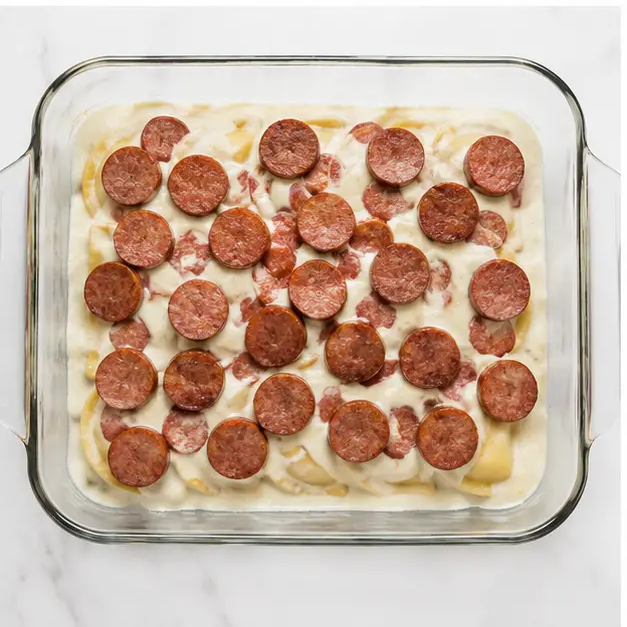 Step 3: Scatter sliced kielbasa over the sauce