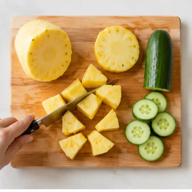Step 2: Chopping pineapple and cucumber