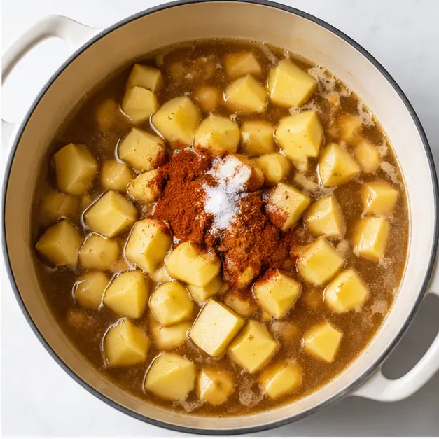 Step 2: Adding broth and potatoes