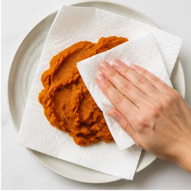 Step 2: Blotting pumpkin puree to remove excess moisture
