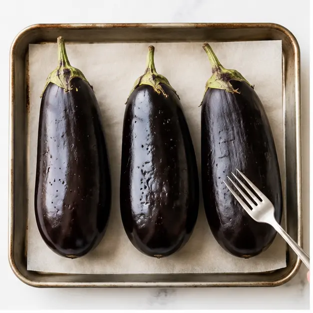 Step 1: Pierce and roast whole eggplants