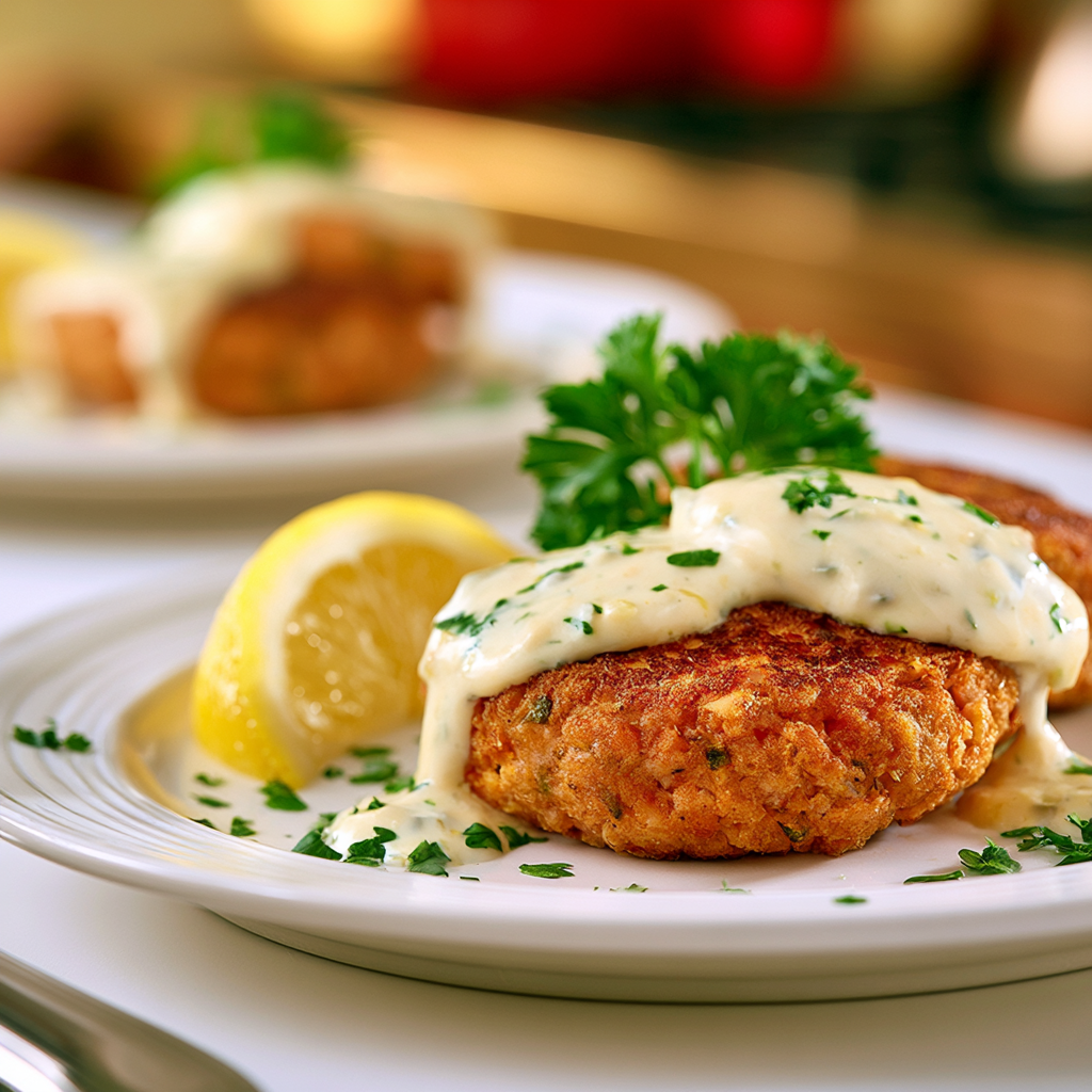 salmon patties with creamy lemon garlic sauce - final presentation
