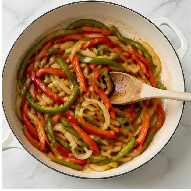 Step 2: Sautéing the bell peppers and onions until tender-crisp