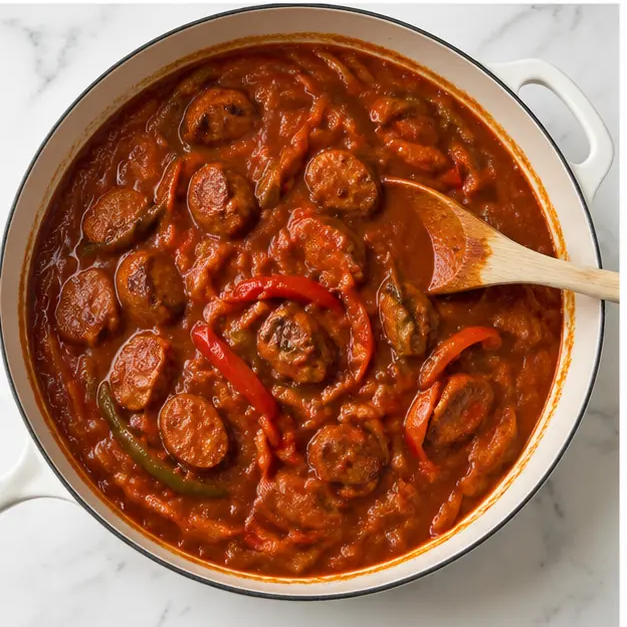 Step 3: Building the rich sausage and pepper sauce with tomato paste