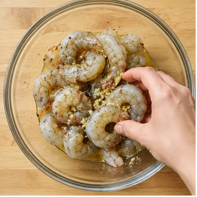 Step 1: Marinating raw shrimp with olive oil, garlic, and spices in a bowl.