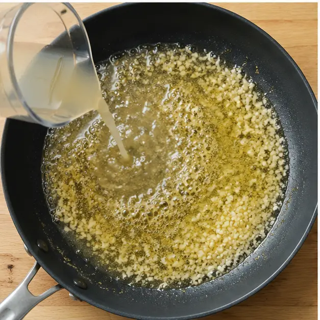 Step 3: Simmering garlic butter sauce with lemon and broth in the skillet.