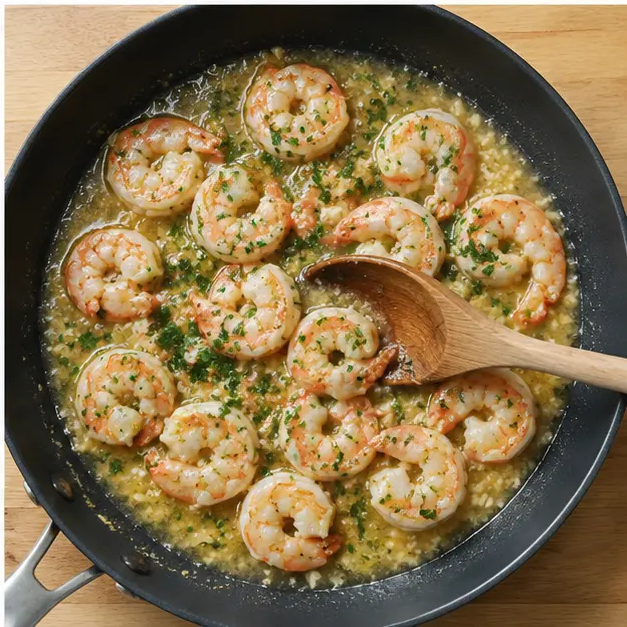 Step 4: Combining seared shrimp with the finished sauce and fresh parsley.