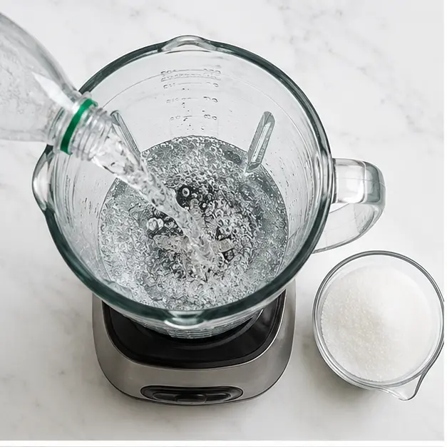 Step 1: Pour club soda and sugar into blender