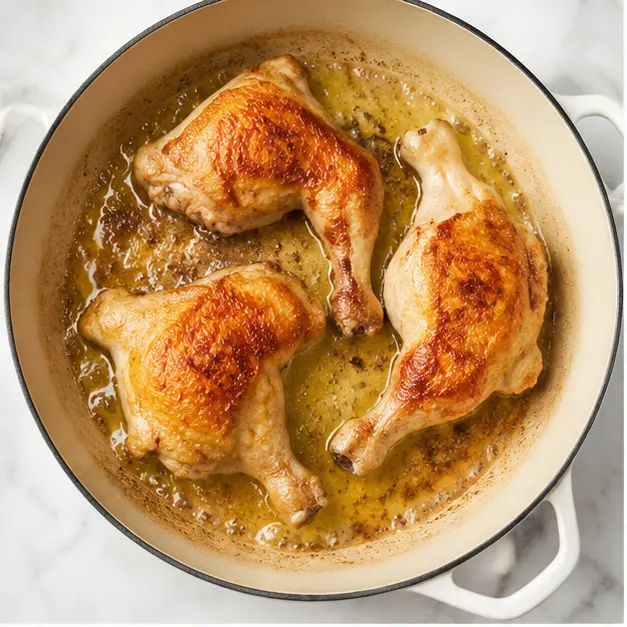 Step 1: Searing chicken leg cuts skin-side down until golden crispy