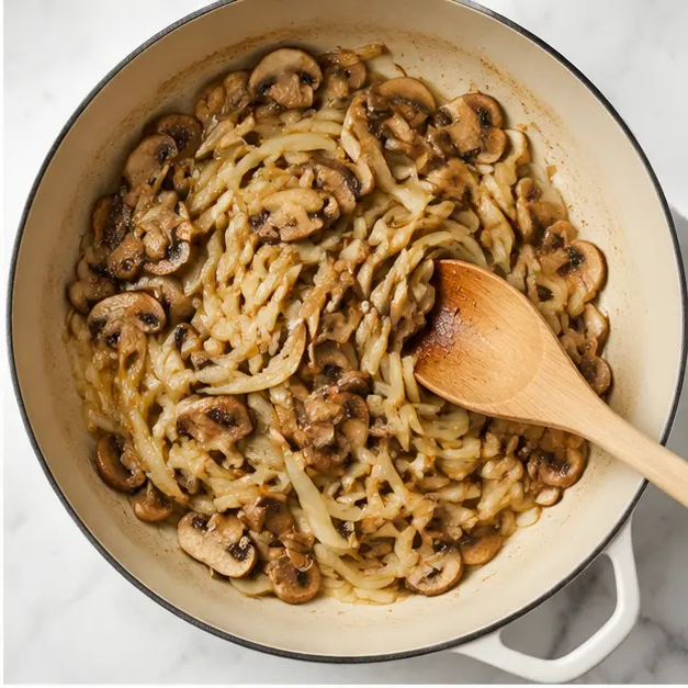 Step 2: Sautéing sliced onions and cremini mushrooms until softened and browned