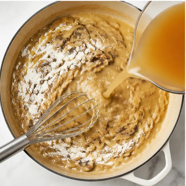 Step 3: Whisking flour into vegetables and slowly adding chicken broth to create a smooth gravy
