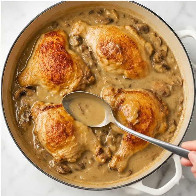 Step 4: Returning seared chicken to the gravy and simmering low and slow until tender
