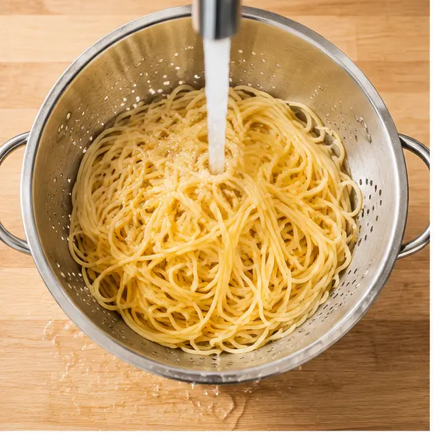 Step 1: Rinsing cooked spaghetti under cold water