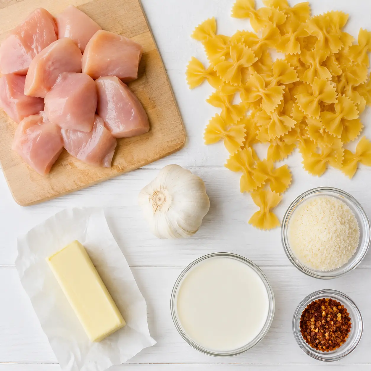 spicy chicken bowtie pasta - main ingredients