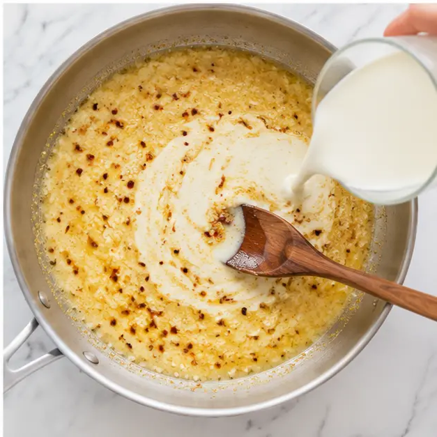 Step 4: Adding heavy cream to create the garlic butter sauce