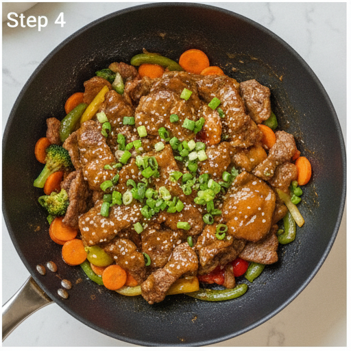 Combining beef and sauce with stir fry vegetables - step 4