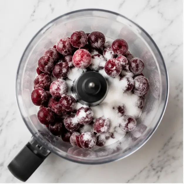 Step 1: Combine frozen cherries and sugar