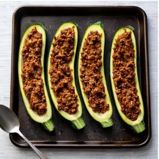 Step 3: Filling pre-baked zucchini boats with beef mixture