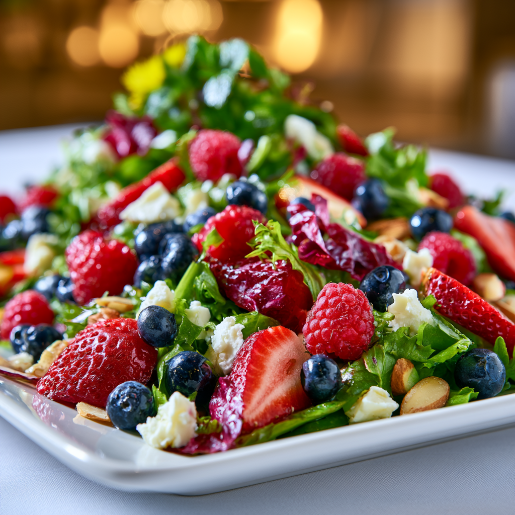 Final presentation of a summer salad with berries on a white platter with fresh garnishes