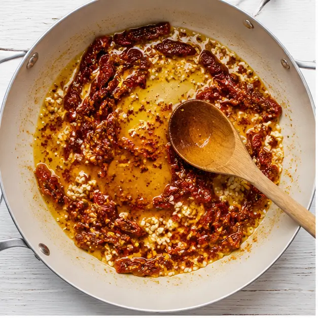 Step 1: Cooking sundried tomatoes in oil with garlic