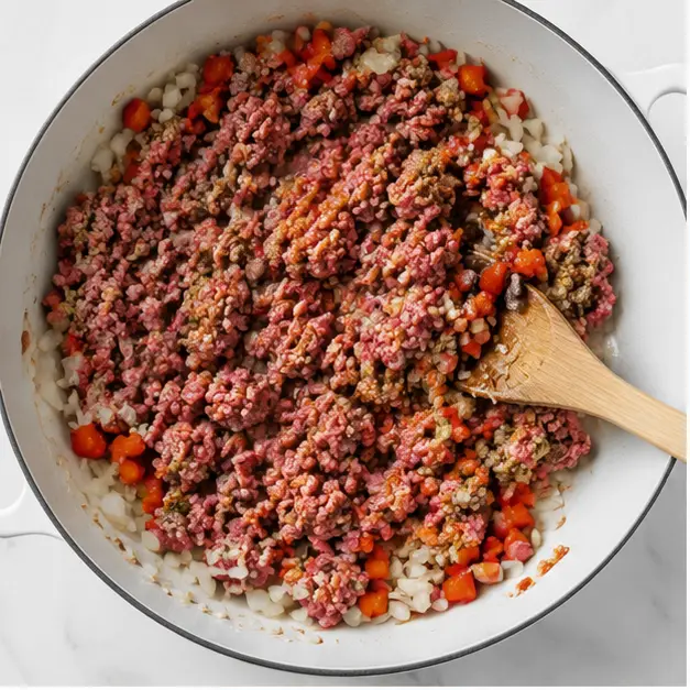 Step 1: Browning ground beef with vegetables
