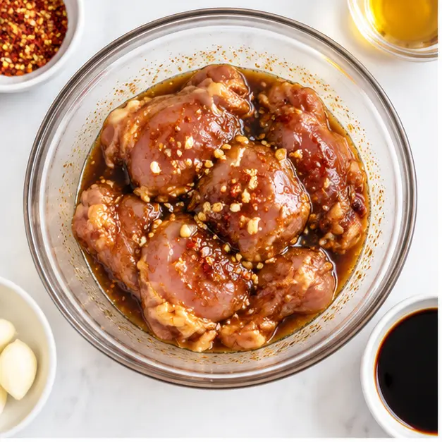 Step 1: Marinate chicken leg cuts in soy sauce, sesame oil, lime, and spices