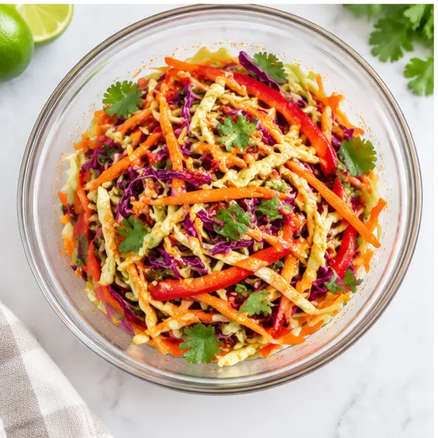Step 3: Toss shredded cabbage, carrots, bell pepper with rice vinegar dressing
