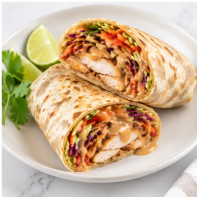 Step 4: Assemble wrap with slaw, chicken, and peanut sauce, then roll tightly