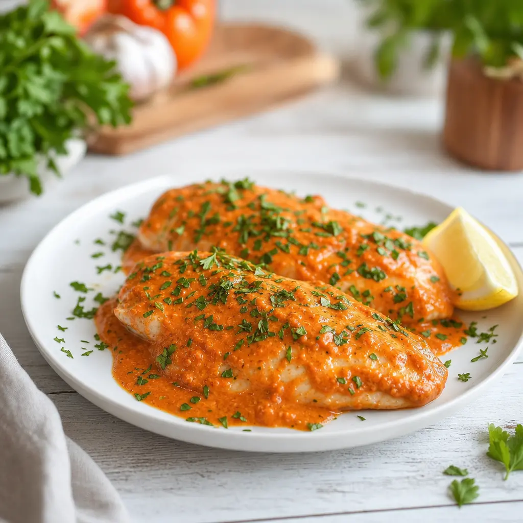 tilapia in roasted pepper sauce - final presentation