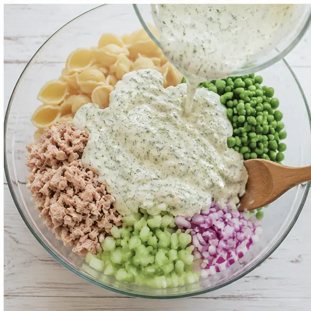 Step 4: Tossing the salad with the dressing until coated