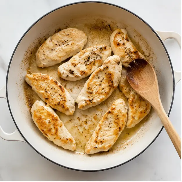 Step 1: Searing chicken fillet strips until golden brown