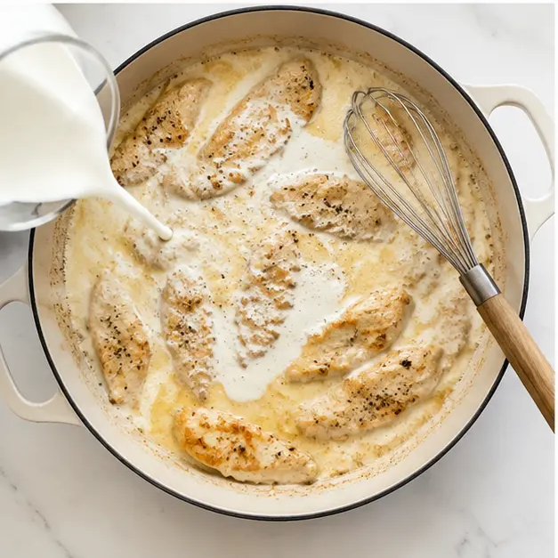 Step 3: Adding chicken broth and heavy cream to create the sauce