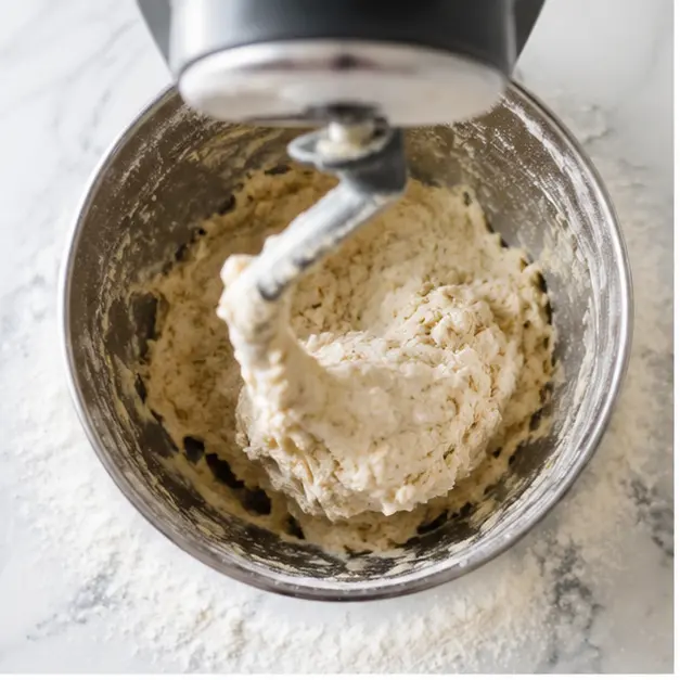 Step 1: Mix the sticky sourdough dough in a stand mixer with a dough hook until it pulls away from the sides.