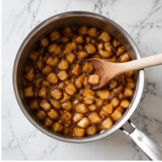 Step 2: Cook diced apple chunks with brown sugar and cinnamon until thick and glossy.