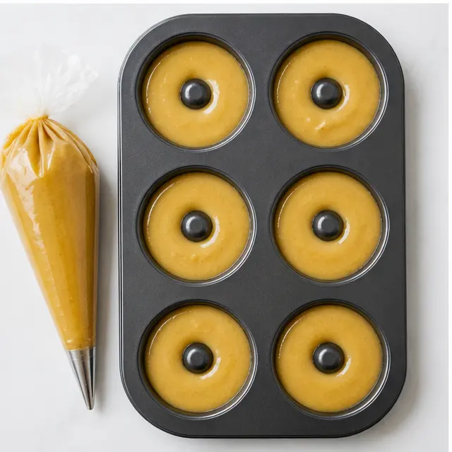 Step 3: Fill donut pan wells halfway with batter