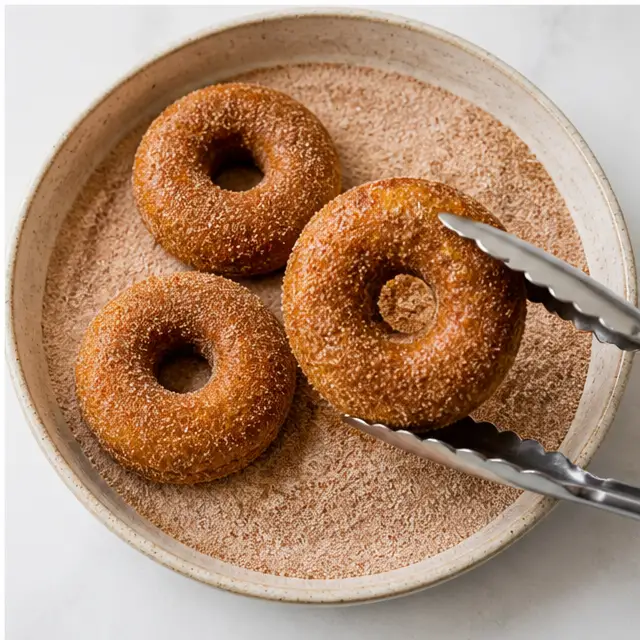 Step 4: Roll baked donuts in cinnamon sugar coating