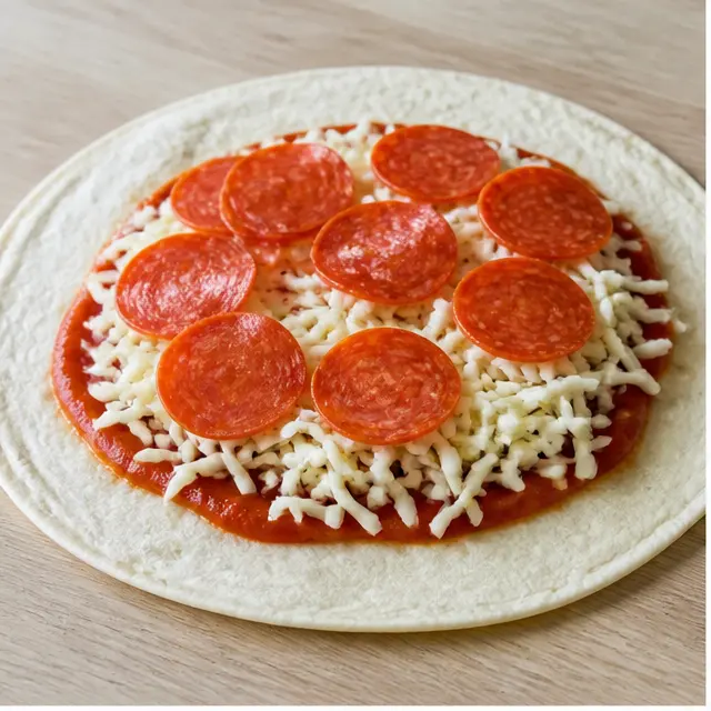 Step 1: Spread pizza sauce over each tortilla and top with mozzarella and pepperoni