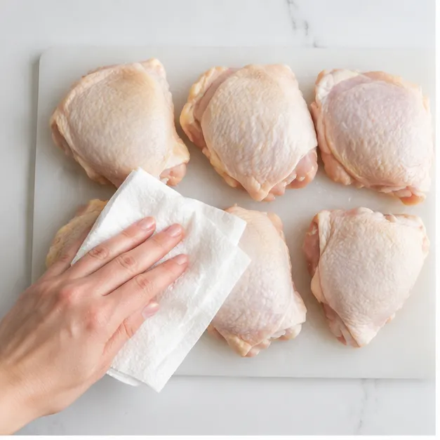 Step 1: Patting chicken dry with paper towels